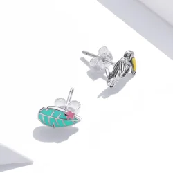 Srebrni uhani z velikimi kljunastimi pticami in listi v slogu Pandora - SCE1083