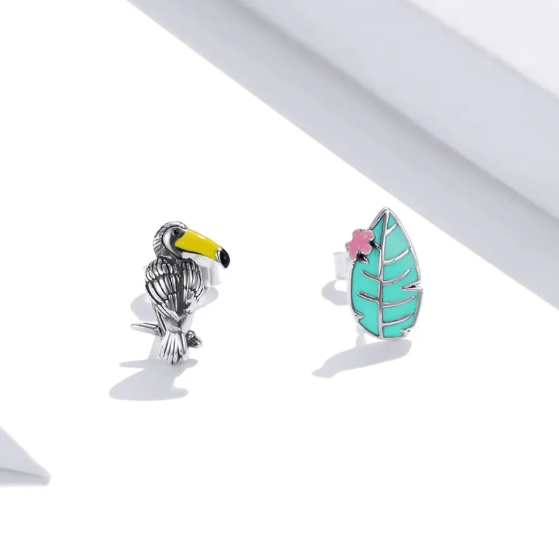 (slika za) Srebrni uhani z velikimi kljunastimi pticami in listi v slogu Pandora - SCE1083 - Ogled 3