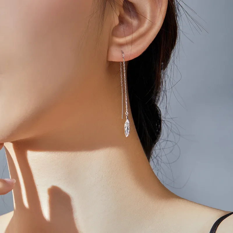(slika za) Srebrni viseči uhani s perjem v stilu Pandora - SCE786 - Ogled 5