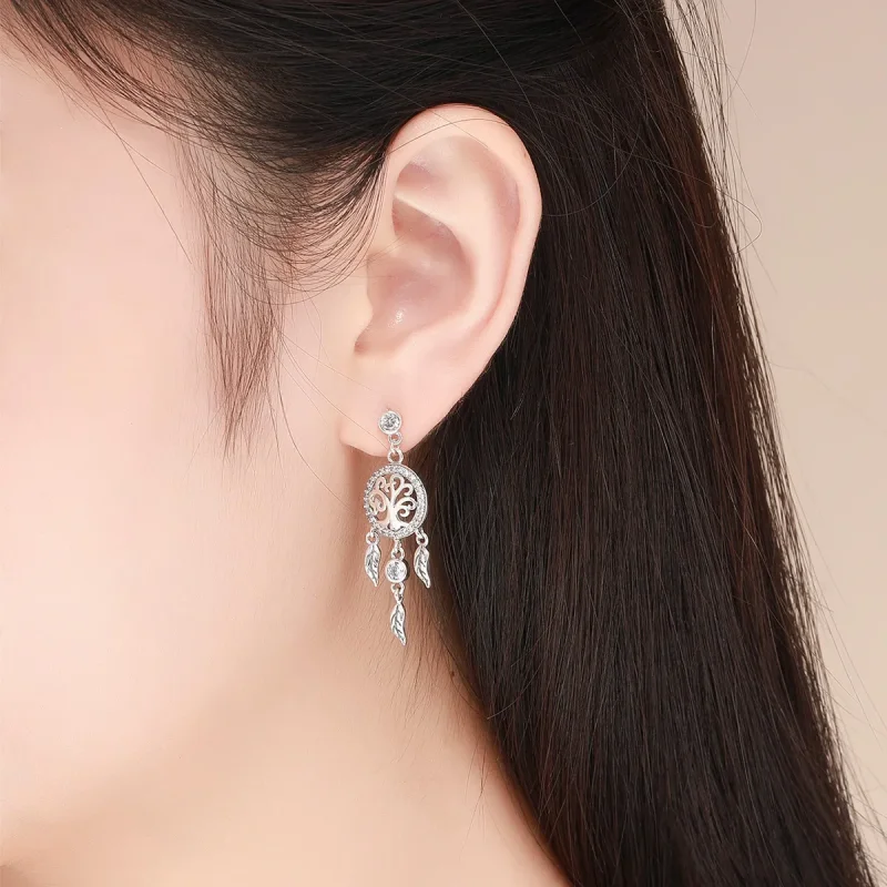 (slika za) Srebrni viseči uhani v slogu Pandora Life Tree & Dream Catcher - SCE457 - Ogled 5