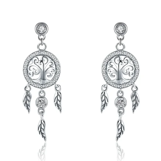 (slika za) Srebrni viseči uhani v slogu Pandora Life Tree & Dream Catcher - SCE457