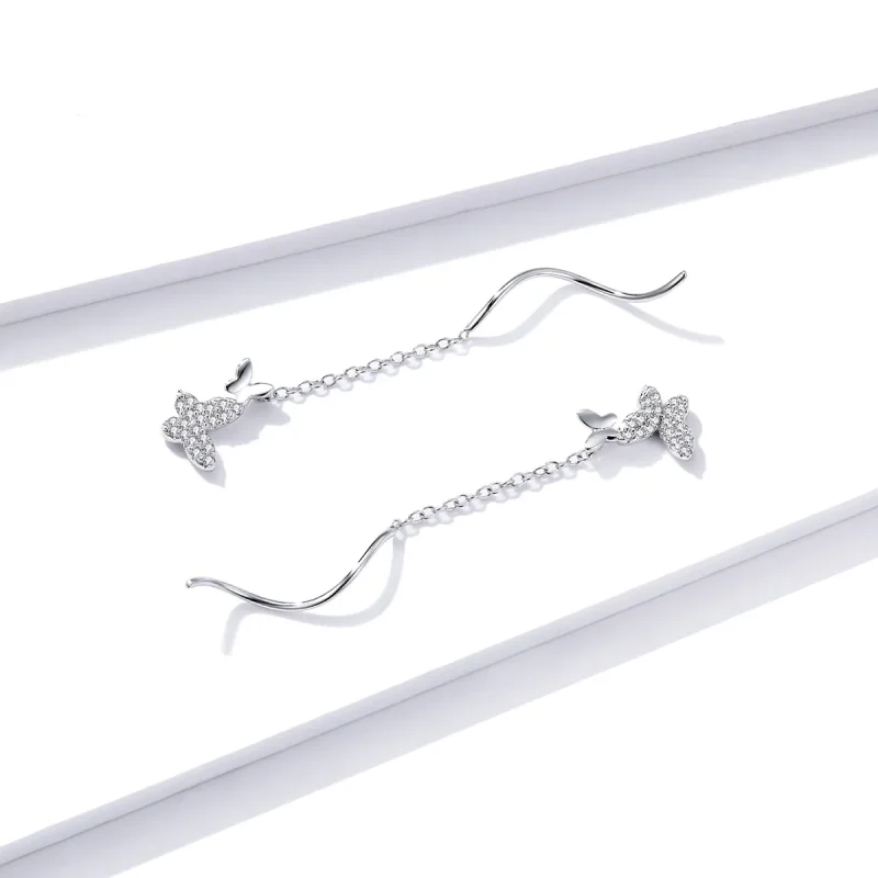 (slika za) Srebrni viseči uhani z letečimi metulji v stilu Pandora - BSE436 - Ogled 3