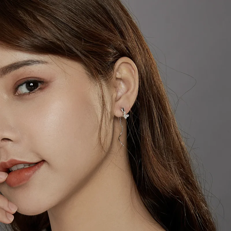 (slika za) Srebrni viseči uhani z letečimi metulji v stilu Pandora - BSE436 - Ogled 7