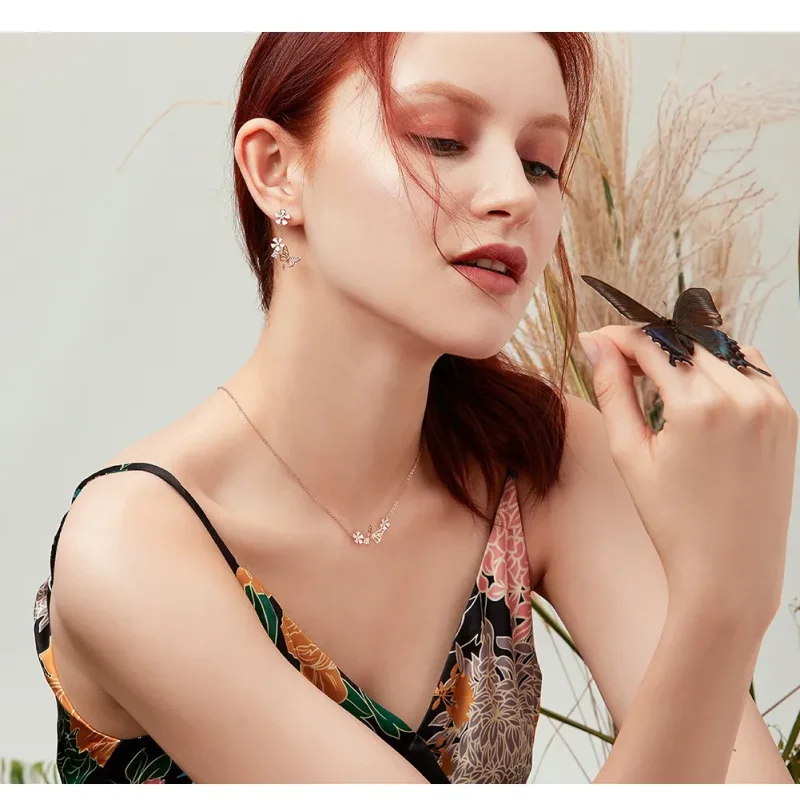 (slika za) Viseči uhani s plešočimi metulji v stilu Pandora iz rožnatega zlata - BSE100 - Ogled 3