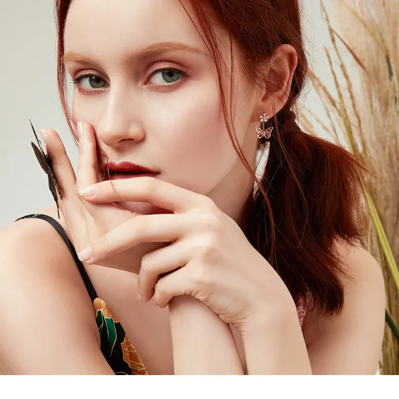 (slika za) Viseči uhani s plešočimi metulji v stilu Pandora iz rožnatega zlata - BSE100 - Ogled 5