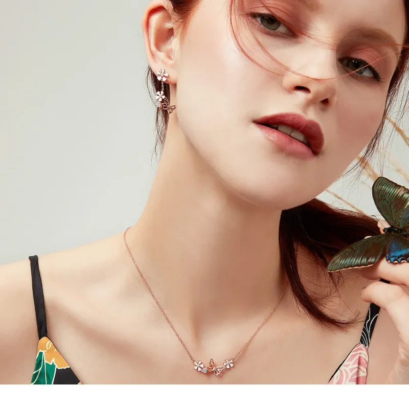 (slika za) Viseči uhani s plešočimi metulji v stilu Pandora iz rožnatega zlata - BSE100 - Ogled 6