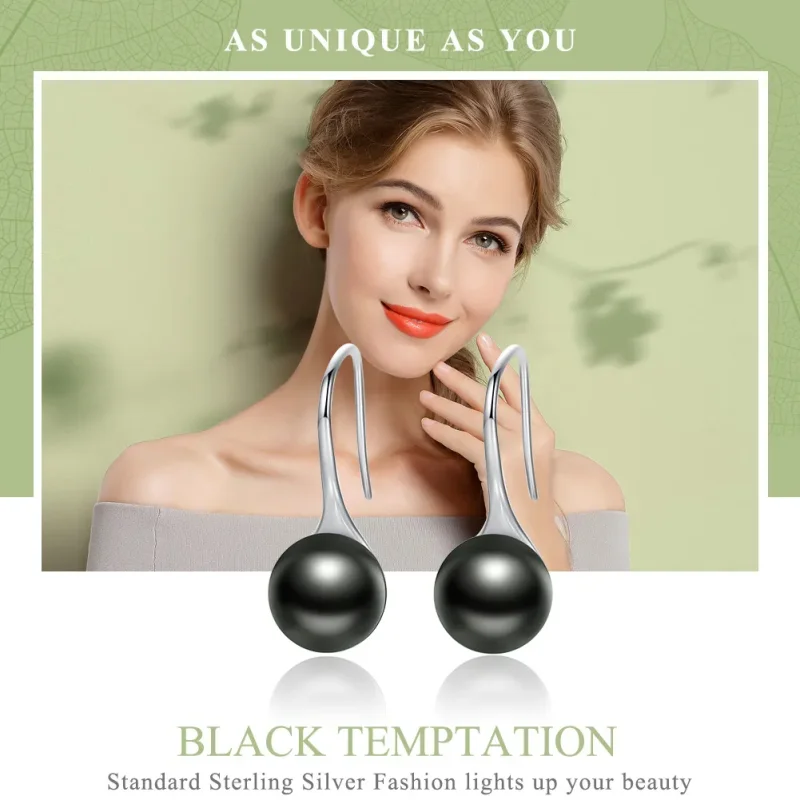 (slika za) Viseči uhani s srebrnimi črnimi biseri v stilu Pandora - SCE144 - Ogled 2