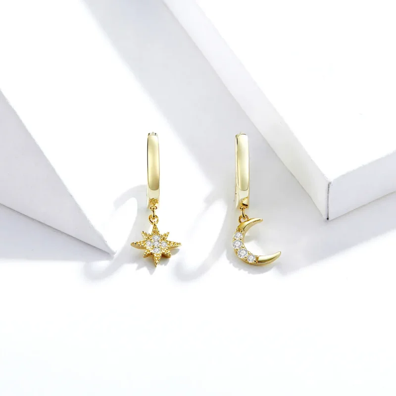 (slika za) Viseči uhani v stilu Pandora, 18-karatno pozlačeni luna in zvezda - SCE785 - Ogled 3