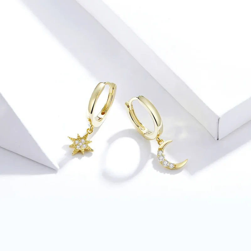 (slika za) Viseči uhani v stilu Pandora, 18-karatno pozlačeni luna in zvezda - SCE785 - Ogled 4