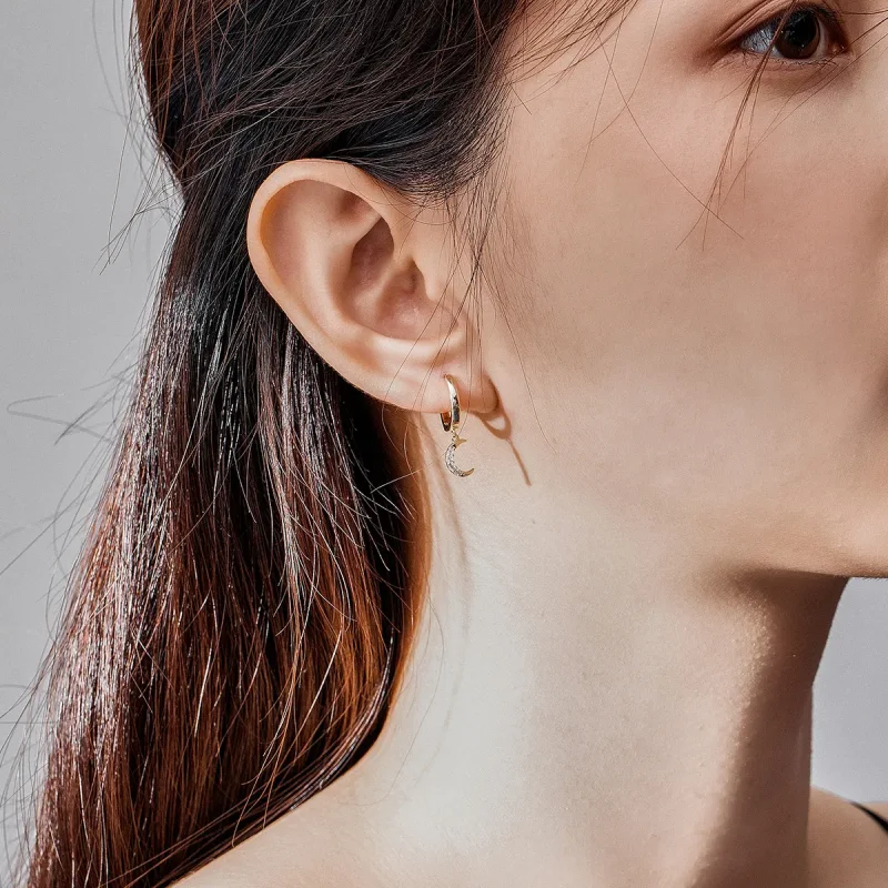 (slika za) Viseči uhani v stilu Pandora, 18-karatno pozlačeni luna in zvezda - SCE785 - Ogled 5