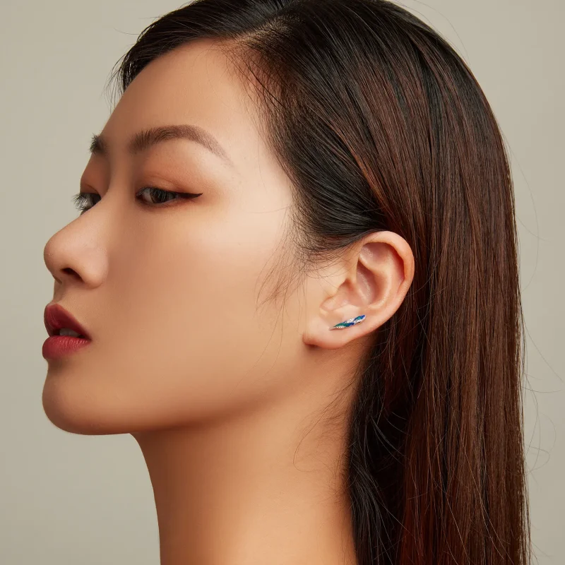 (slika za) Bleščeče modri viseči uhani s perjem v slogu Pandora - BSE707 - Ogled 6