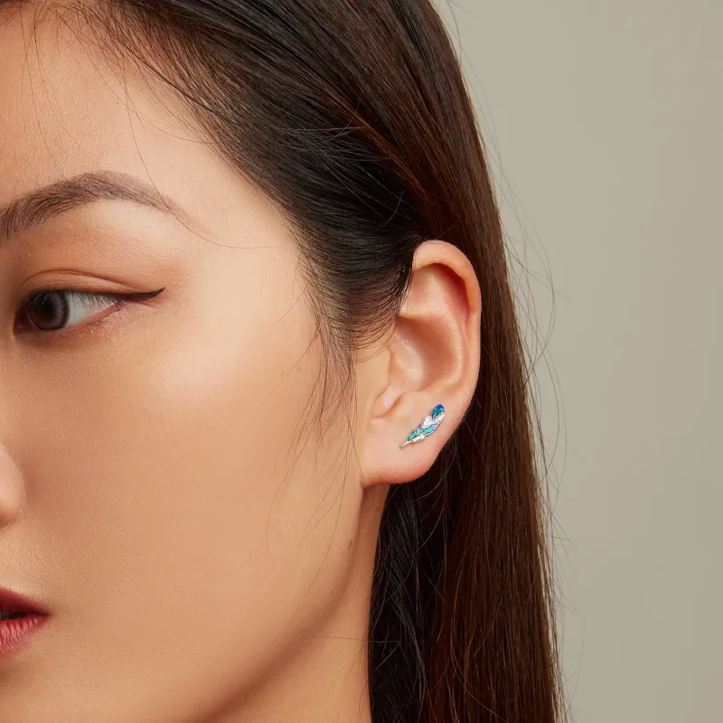 (slika za) Bleščeče modri viseči uhani s perjem v slogu Pandora - BSE707 - Ogled 7