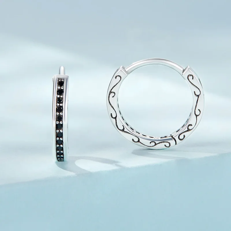 (slika za) Obročasti uhani s črnim cirkonom v stilu Pandora - SCE1522 - Ogled 2