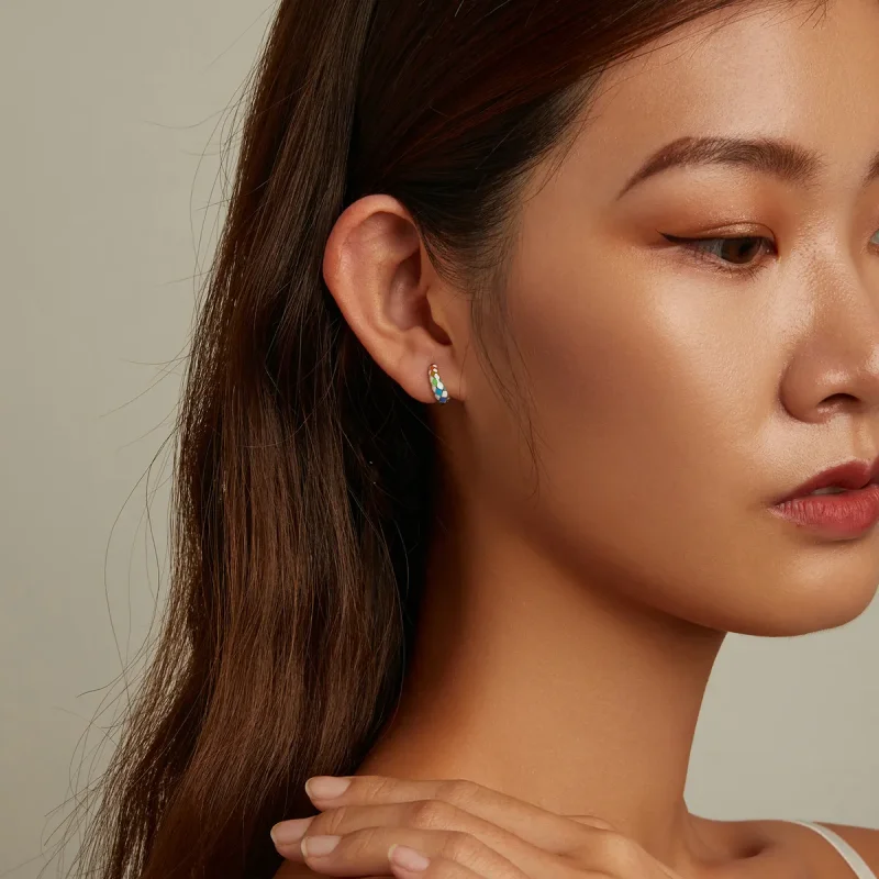 (slika za) Obročasti uhani v slogu Pandora Rainbow Checkerboard - SCE1351 - Ogled 9