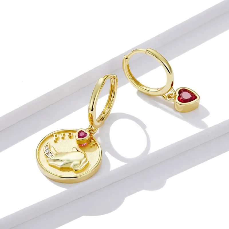 (slika za) Obročasti uhani z nosorogom in srcem v slogu Pandora - BSE369-R - Ogled 3