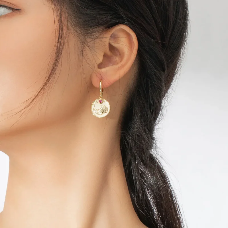 (slika za) Obročasti uhani z nosorogom in srcem v slogu Pandora - BSE369-R - Ogled 7