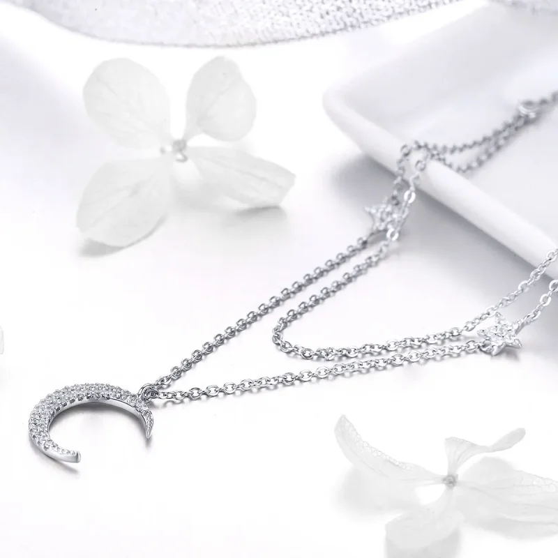 (slika za) Ogrlica z obeskom v slogu Pandora Srebrna luna in zvezde - BSN038 - Ogled 3