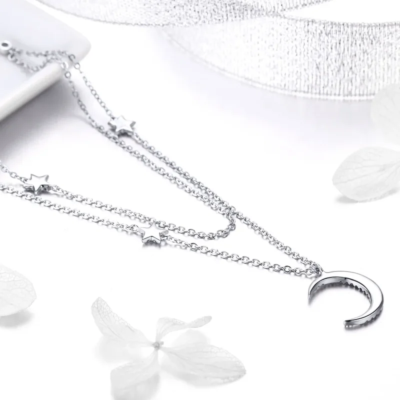 (slika za) Ogrlica z obeskom v slogu Pandora Srebrna luna in zvezde - BSN038 - Ogled 4