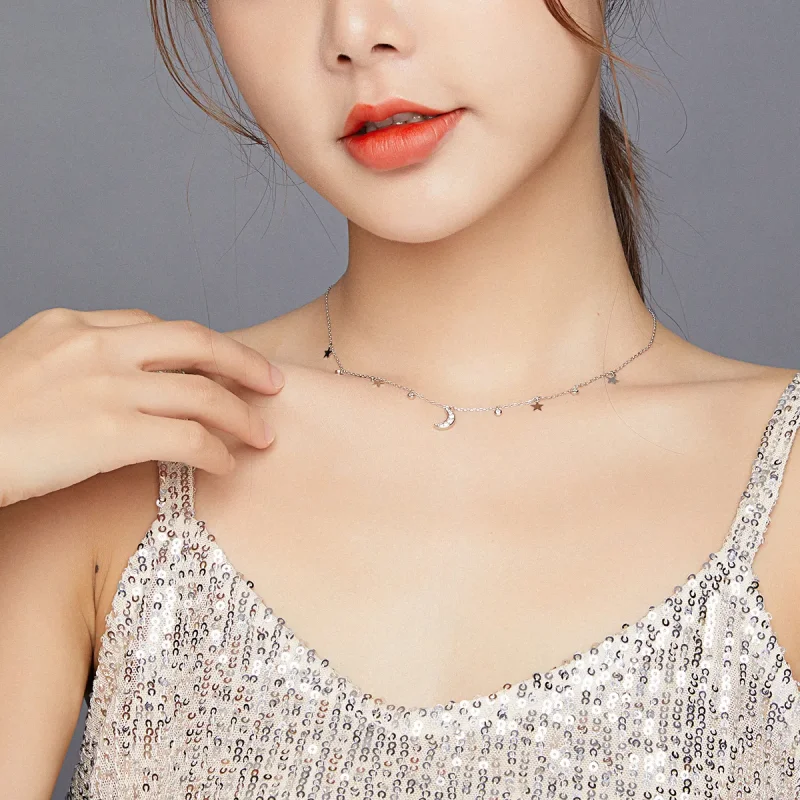 (slika za) Srebrna ogrlica z obeskom v slogu Pandora Dream Star Moon - SCN420 - Ogled 6