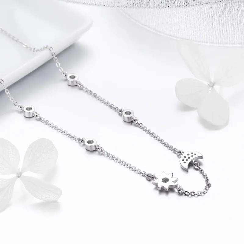 (slika za) Srebrna ogrlica z verižico v obliki sonca in lune v slogu Pandora - SCN272 - Ogled 3