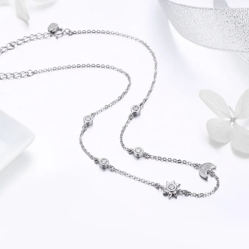 (slika za) Srebrna ogrlica z verižico v obliki sonca in lune v slogu Pandora - SCN272 - Ogled 4