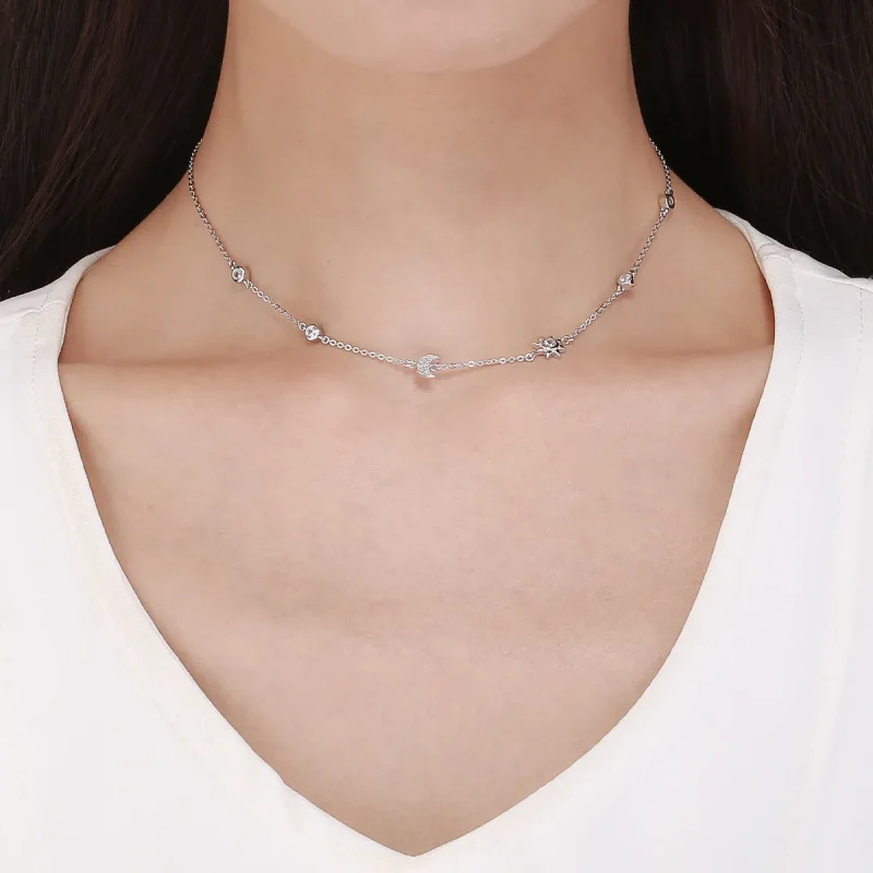 (slika za) Srebrna ogrlica z verižico v obliki sonca in lune v slogu Pandora - SCN272 - Ogled 5