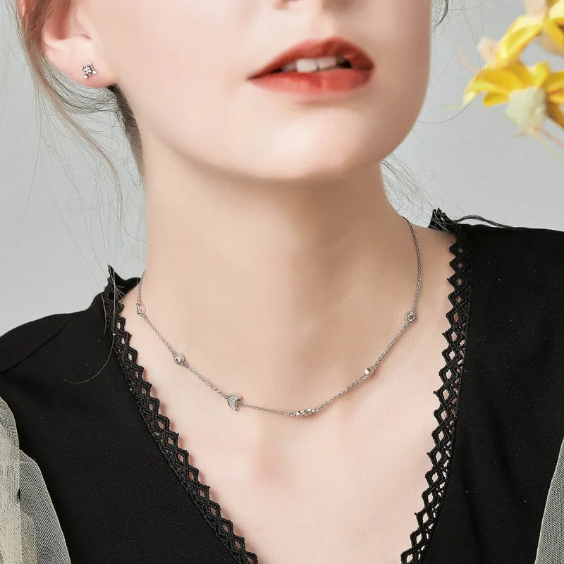 (slika za) Srebrna ogrlica z verižico v obliki sonca in lune v slogu Pandora - SCN272 - Ogled 6