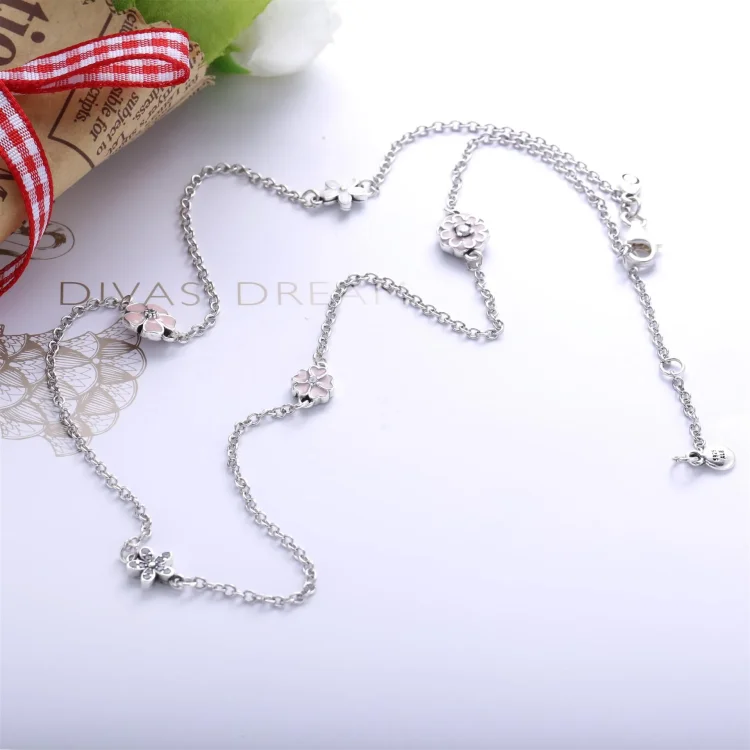 PANDORA Verižica za ogrlico Poetic Blooms, mešani emajli, prozoren CZ in rdečilo Pink Crys - 590518ENMX