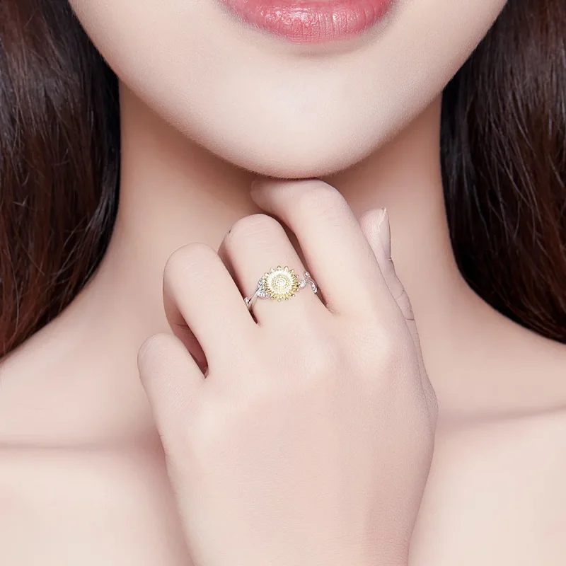 (slika za) Dvobarvni dvobarvni odprt prstan z zlatimi sončnicami v slogu Pandora - SCR596 - Ogled 7