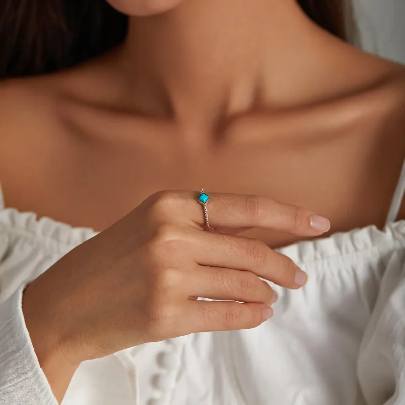 (slika za) Geometrijski turkizen odprt prstan v slogu Pandora - SCR753 - Ogled 6