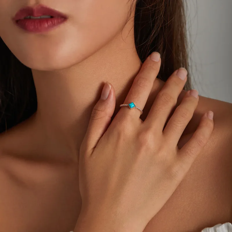 (slika za) Geometrijski turkizen odprt prstan v slogu Pandora - SCR753 - Ogled 7