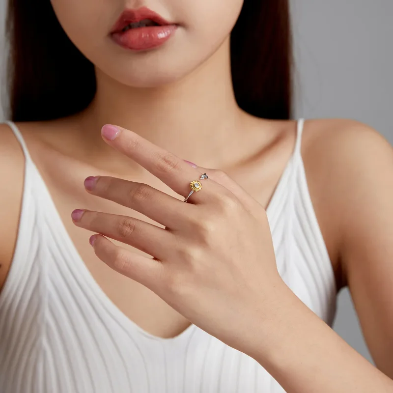 (slika za) Odprt prstan s sončnimi rožami v slogu Pandora - BSR213 - Ogled 7