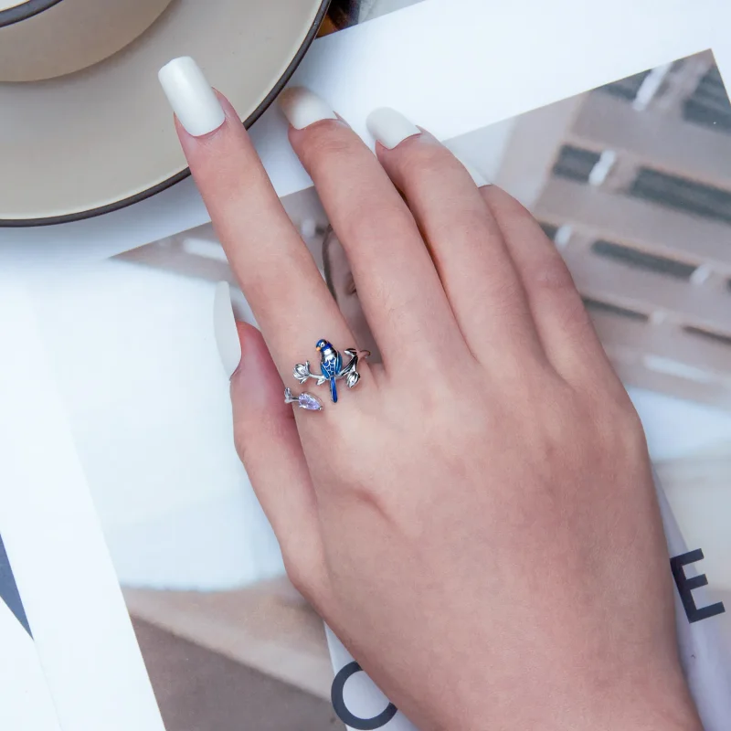 (slika za) Odprt prstan s pticami in rožami v stilu Pandora - BSR288 - Ogled 5