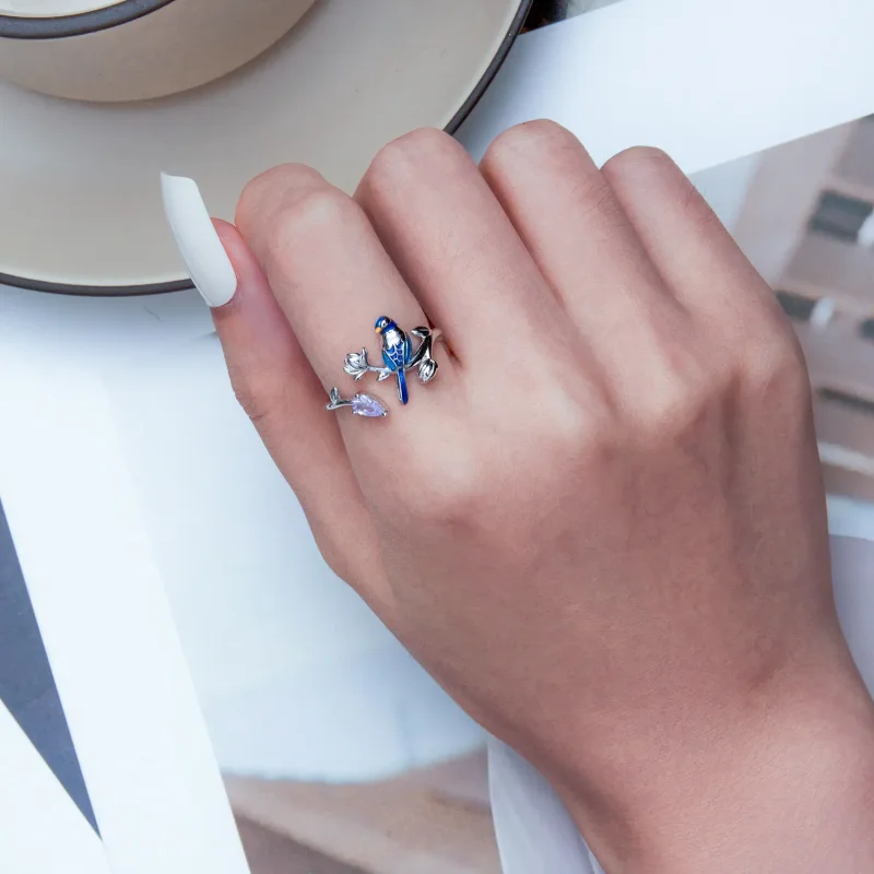 (slika za) Odprt prstan s pticami in rožami v stilu Pandora - BSR288 - Ogled 6