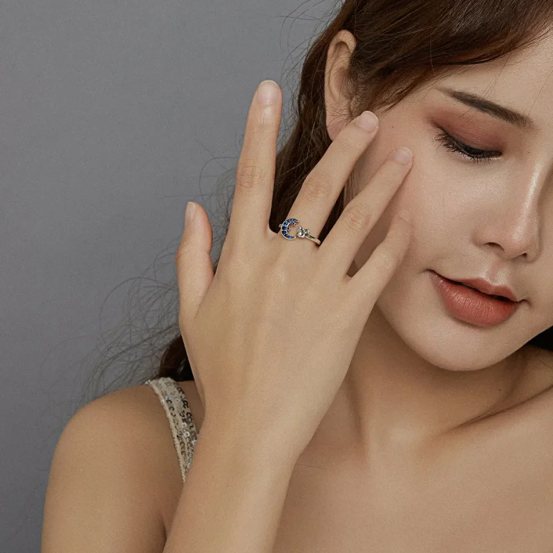 (slika za) Odprt prstan s srebrno luno in mačko v stilu Pandora - SCR677 - Ogled 6