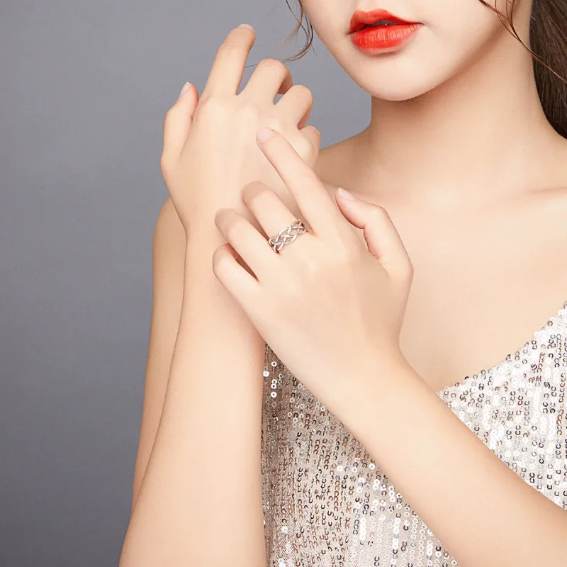 (slika za) Odprt prstan s srebrno tkano teksturo v stilu Pandora - SCR675 - Ogled 6