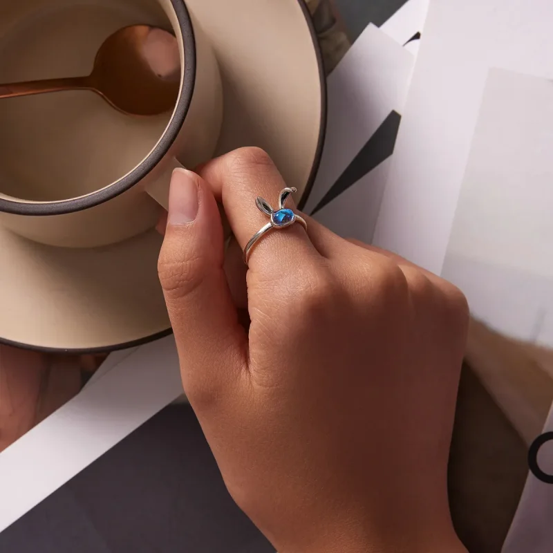 (slika za) Odprt prstan z zajčkom iz mesečevega kamna v slogu Pandora - SCR784 - Ogled 5