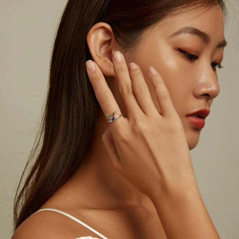 (slika za) Odprt prstan z zajčkom iz mesečevega kamna v slogu Pandora - SCR784 - Ogled 7