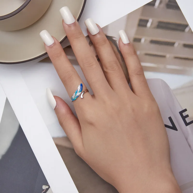 (slika za) Odprt prstan z bleščeče modrim perjem v slogu Pandora - BSR301 - Ogled 5