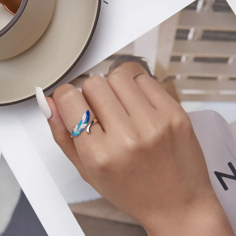 (slika za) Odprt prstan z bleščeče modrim perjem v slogu Pandora - BSR301 - Ogled 6