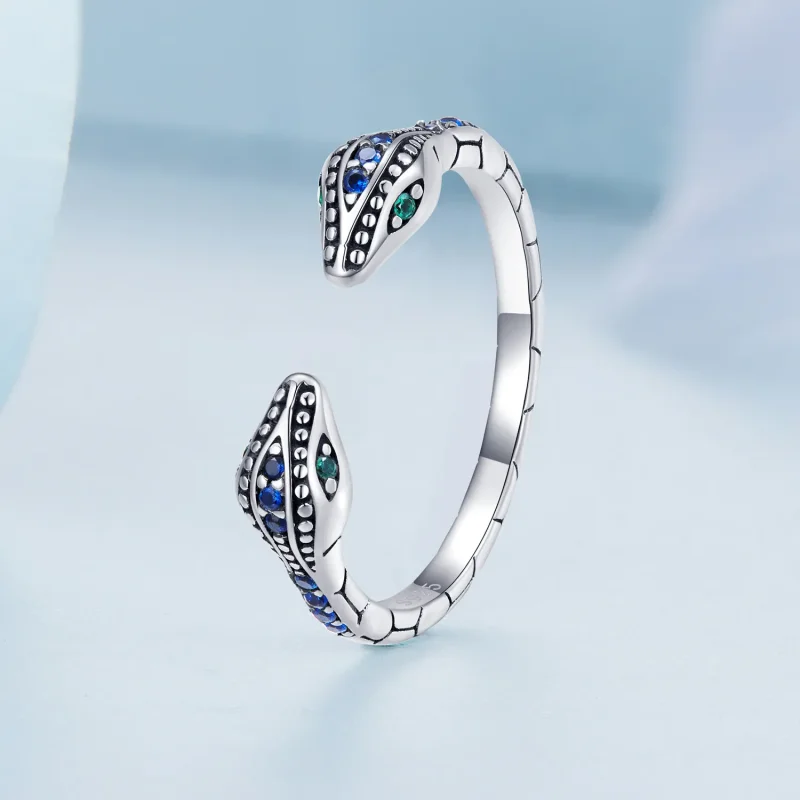 (slika za) Odprt prstan z dvema glavama kače v stilu Pandora - BSR317-BU - Ogled 2