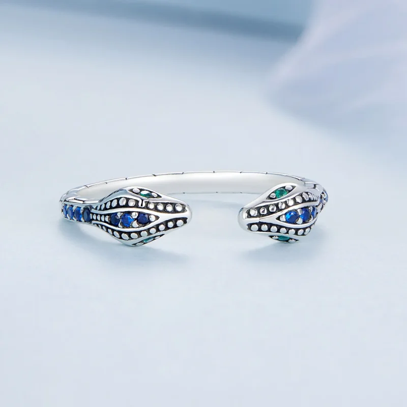 (slika za) Odprt prstan z dvema glavama kače v stilu Pandora - BSR317-BU - Ogled 3