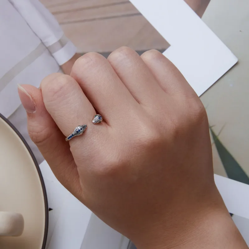 (slika za) Odprt prstan z dvema glavama kače v stilu Pandora - BSR317-BU - Ogled 5