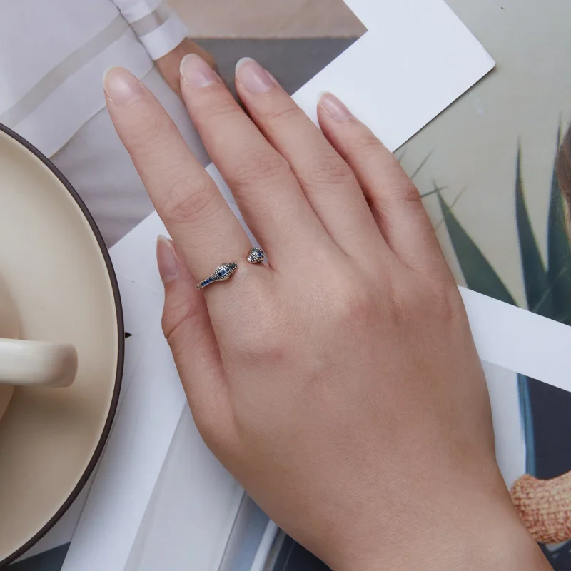 (slika za) Odprt prstan z dvema glavama kače v stilu Pandora - BSR317-BU - Ogled 6