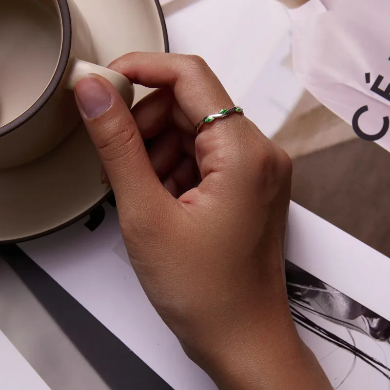 (slika za) Odprt prstan z zelenimi listi v slogu Pandora - SCR808 - Ogled 6