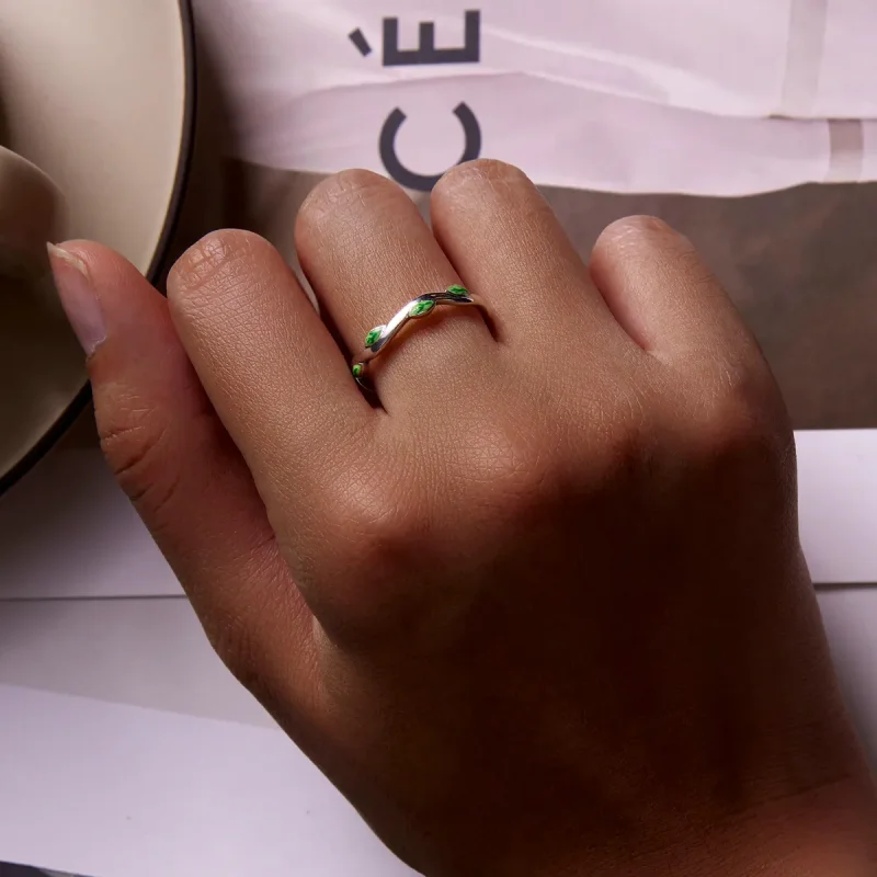 (slika za) Odprt prstan z zelenimi listi v slogu Pandora - SCR808 - Ogled 7