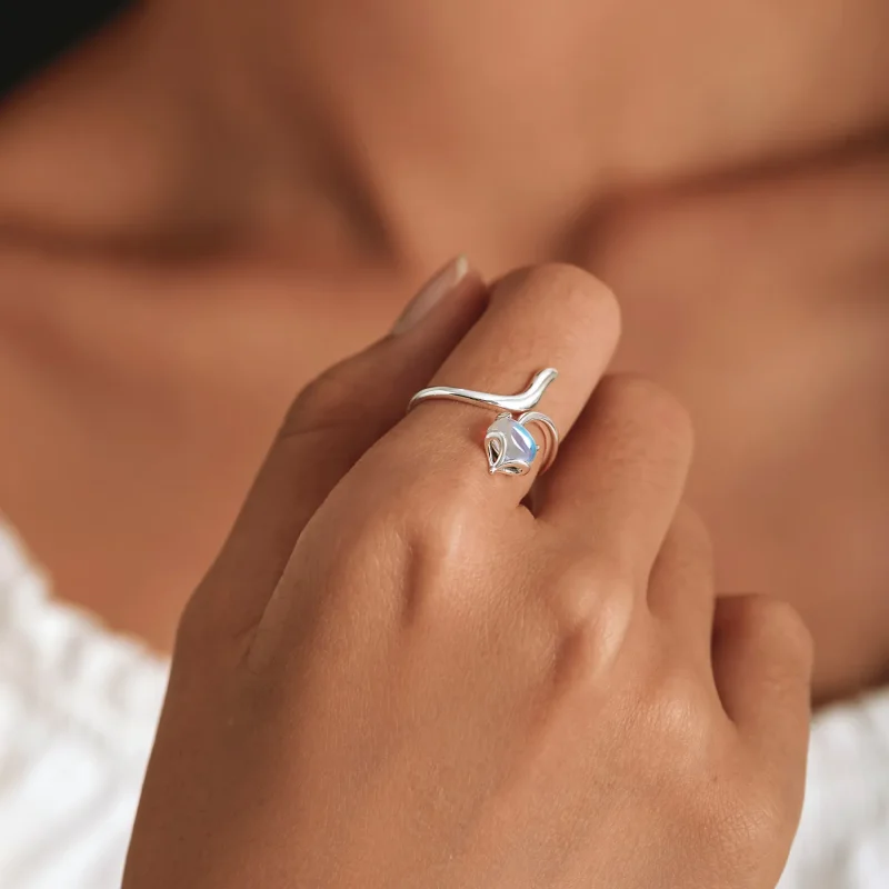 (slika za) Odprt prstan z lisico z mesečevim kamnom v slogu Pandora - SCR756 - Ogled 6