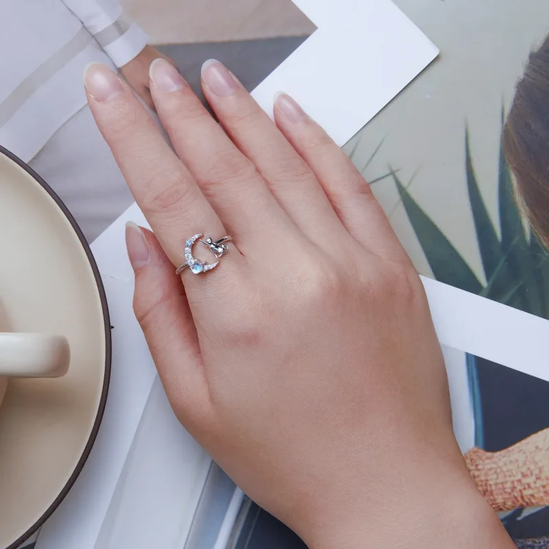 (slika za) Odprt prstan z lunasto mačko v slogu Pandora - BSR315 - Ogled 5