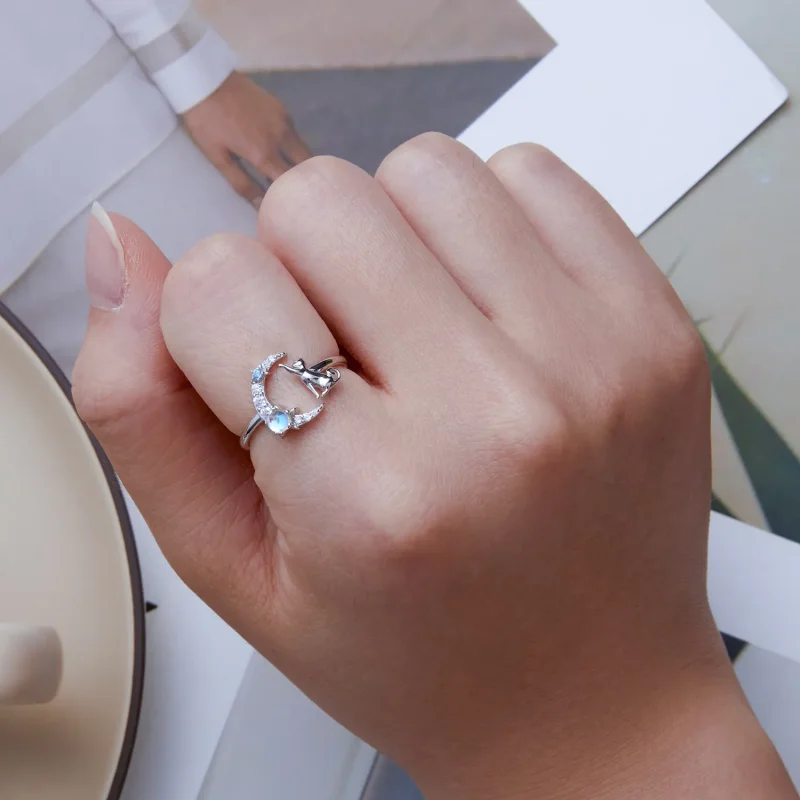 (slika za) Odprt prstan z lunasto mačko v slogu Pandora - BSR315 - Ogled 6