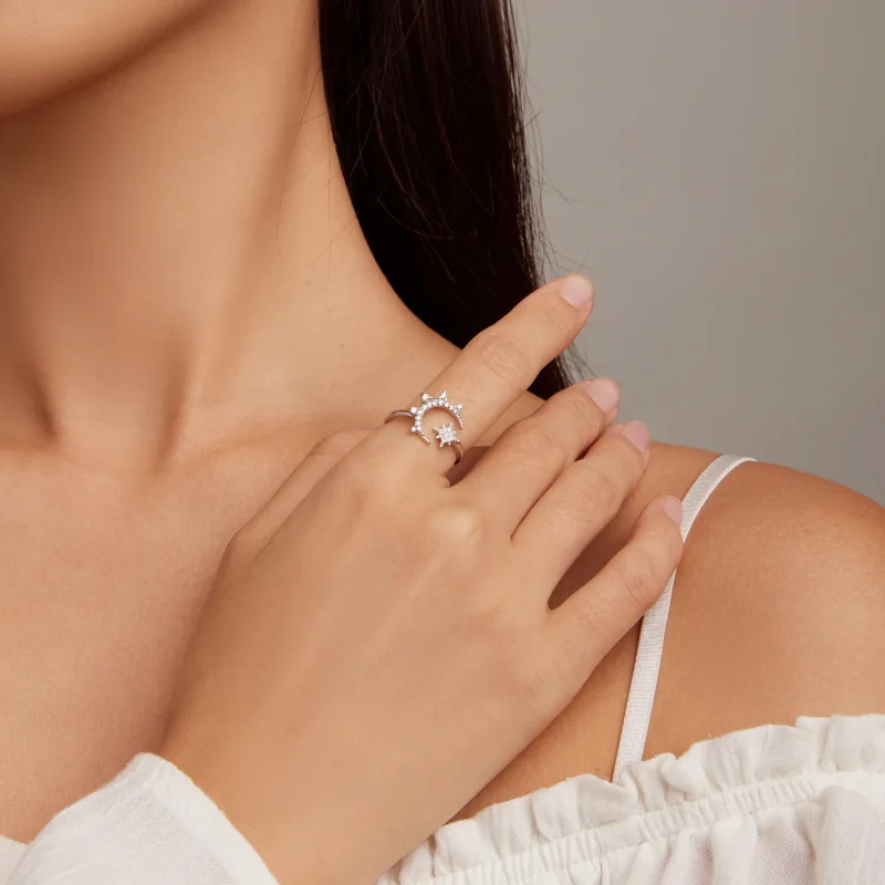 (slika za) Odprt prstan z luno in zvezdami v stilu Pandora - BSR300 - Ogled 4